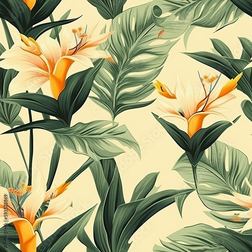 Foundation with green palm takes off, feathered creature of heaven, and plumeria in cheerful unfaltering organize on light yellow foundation . Seamless pattern, AI Generated