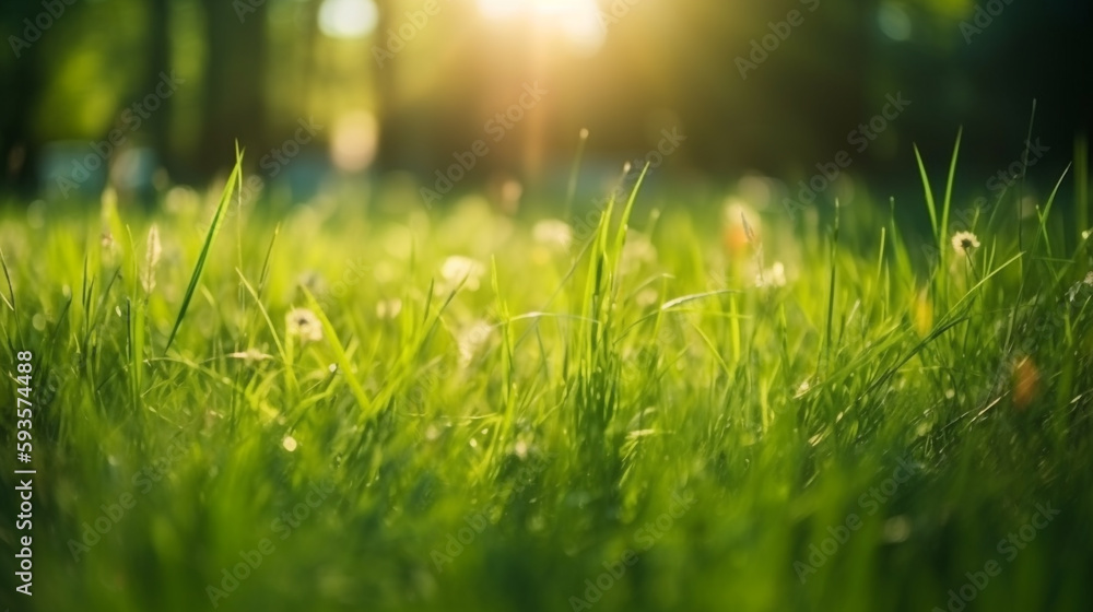 Fototapeta premium a grassy field with the sun shining through it. Generative Ai