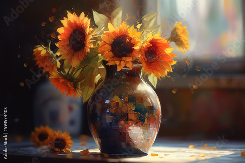 Abstract Still Life with Sunflowers in a Bold Vase, Vibrant Brushstrokes and Colors