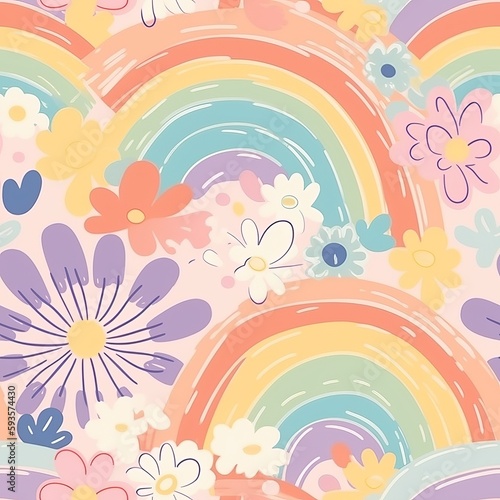 Make a odd and solid strong organize with pastel rainbow colors  highlighting theoretical daisy makes and unessential doodle rainbows . Seamless pattern  AI Generated