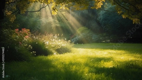 the sun shines through the trees on the grass. Garden environment, soft light