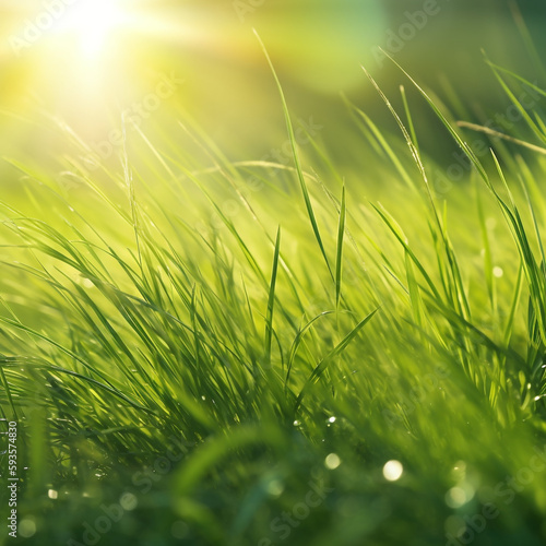 green grass against the background of the shining sun, concept art, warm morning light, dynamic close-up, rain, spring time. Generative Ai