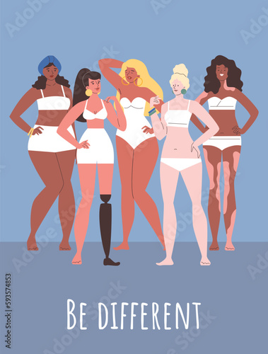 Banner or poster layout with diverse multiracial women, vector illustration.
