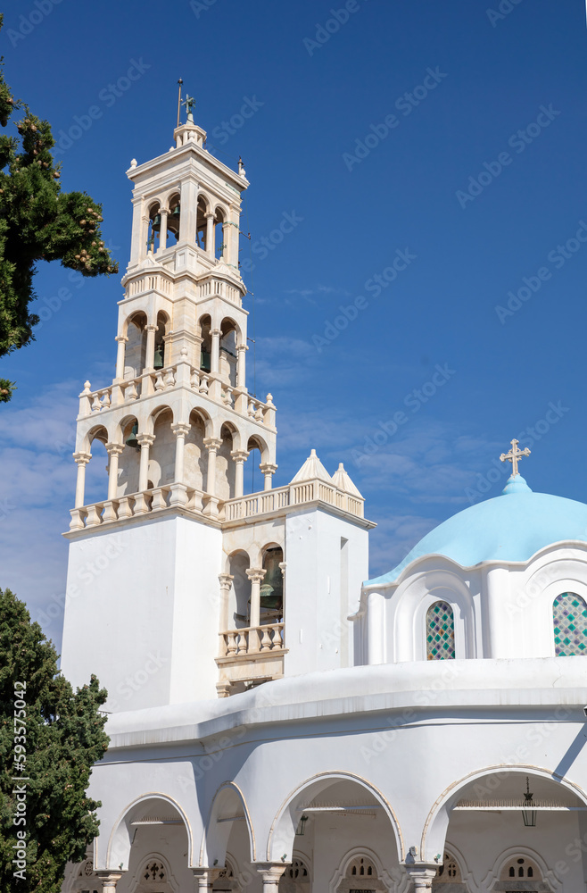 Tinos island, Cyclades, Greece. Evangelistria Greek Orthodox Church, blue sky