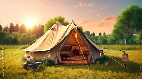 Glamping is luxurious glamorous camping. Glamping in a beautiful countryside at sunset. Generative AI