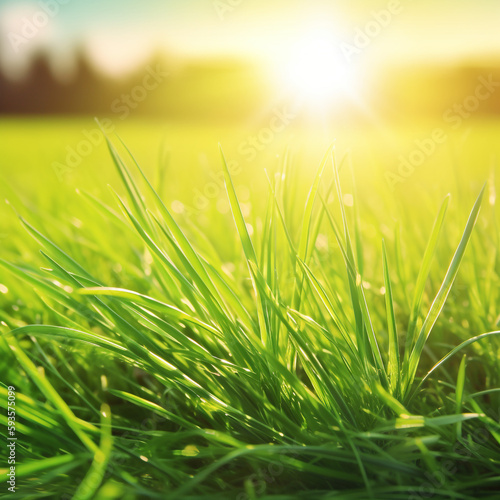 field of grass with sun in the background, lush lawn, low angle shot, on green lawn, sunrise background. Generative Ai
