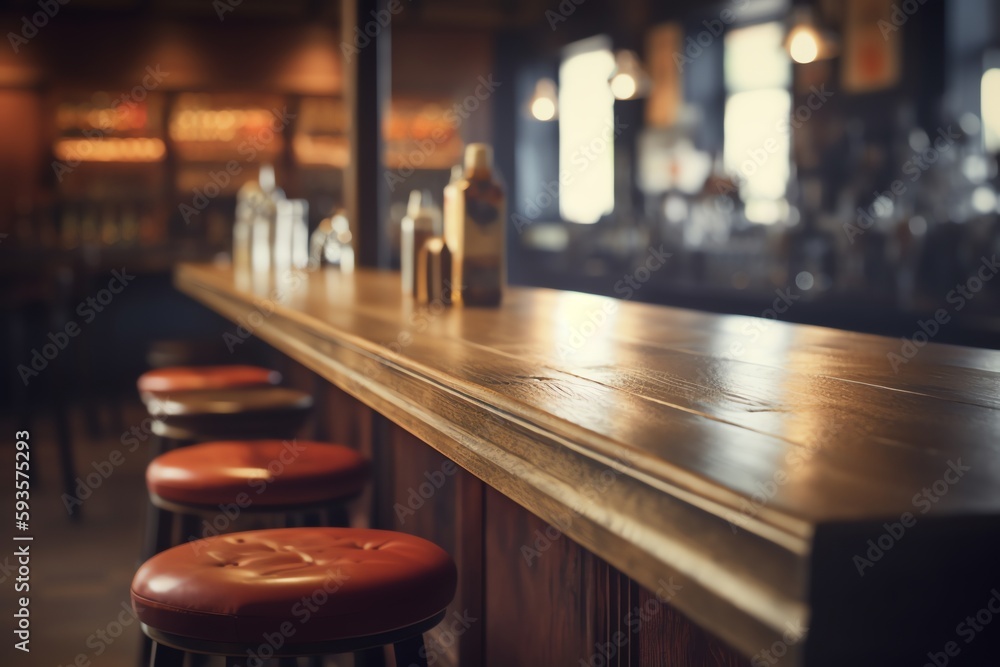 Bar with retro wood desk and blurred background. Generative AI