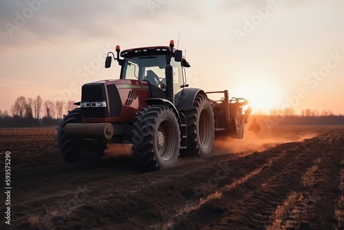 Agricultural tractor sowing seeds into purified soil at sunset. Generative AI © Pixel Matrix
