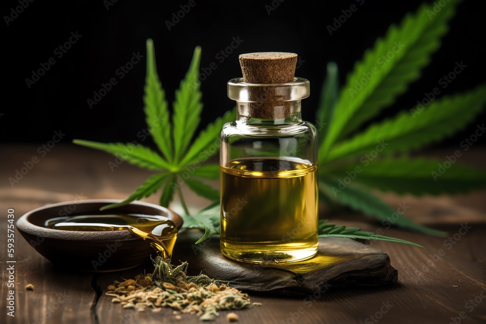 CBD oil for sleep with hemp leaf and mask. Generative AI CBD oil for sleep with hemp leaf and mask. Generative AI
