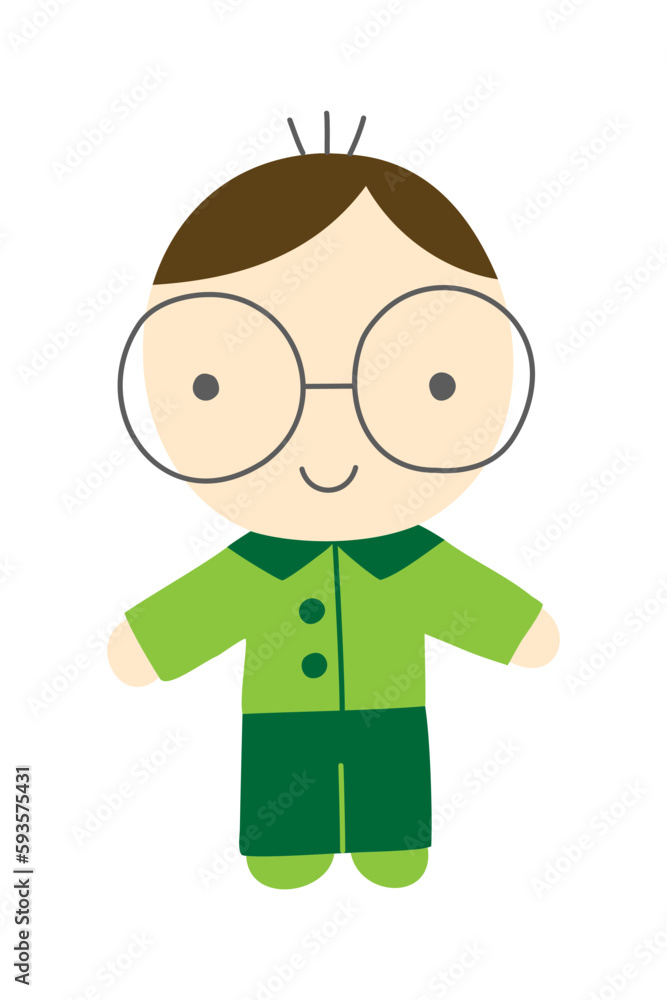 Flat vector cartoon student boy character wearing glasses in green suit for avatar