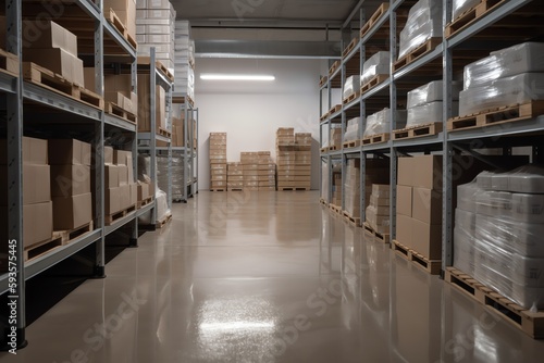 Clean warehouse with shelves and products. Generative AI