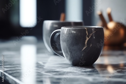 Coffee mug on marble countertop, modern kitchen background. Generative AI