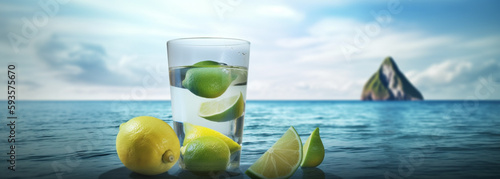 a glass of water with lime and a slice of lime, by the sea. Generative Ai