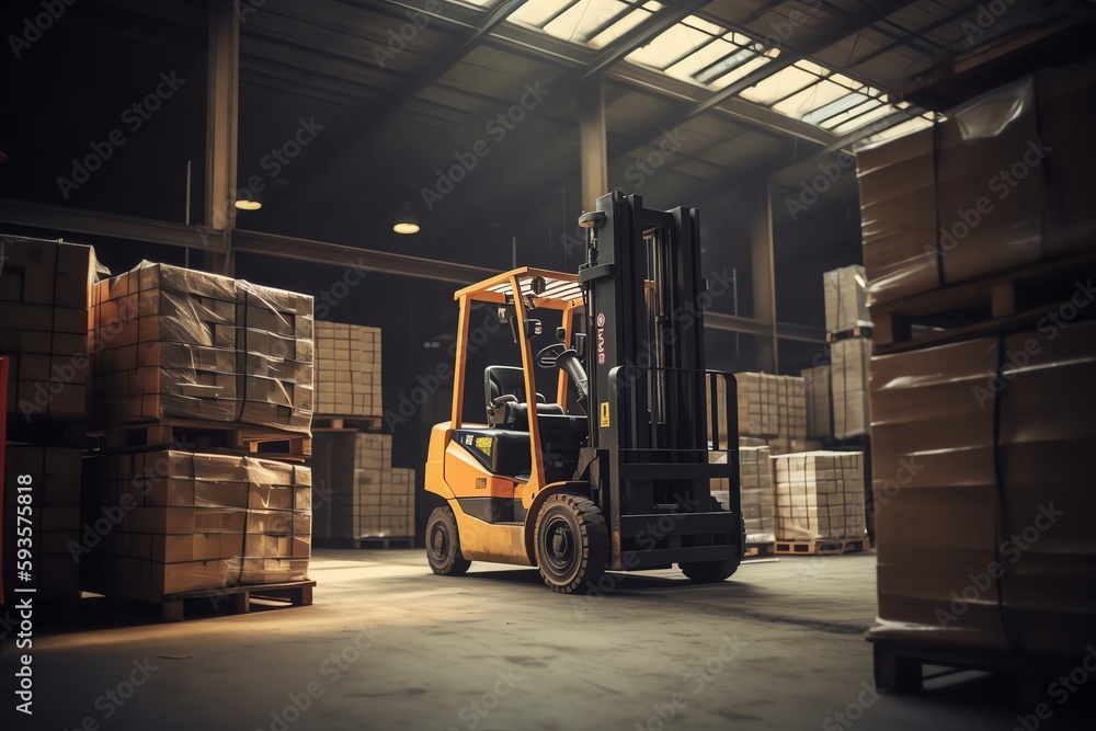 Forklift loads pallets and boxes in warehouse. Generative AI