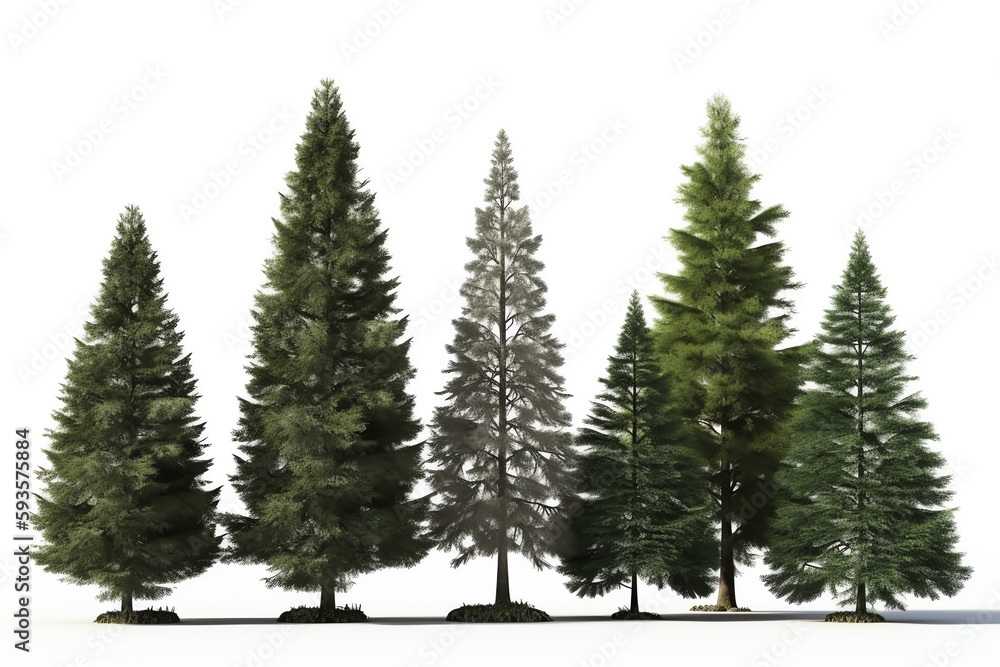 Groups of conifer trees isolated on white. Generative AI
