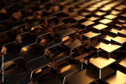 Futuristic gold hexagonal texture background 3D rendering. Generative AI