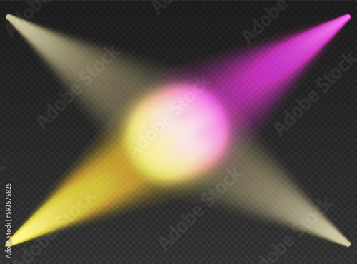 Four white, pink and yellow searchlights top view. Cone lights from bottom with darkened edges. Volumetric spotlight effect on dark background. Empty studio or concert scene. 3d rendering.
