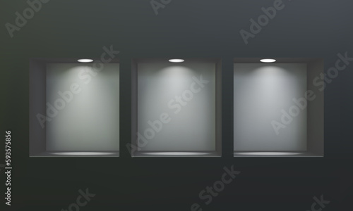Three empty niches or shelves on black wall with led spotlight 3D mockup. Shop, gallery showcase to present product. Blank retail storage space. Interior design furniture. Living room bookshelf