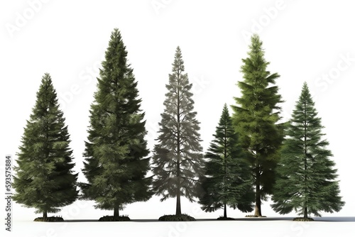 Groups of conifer trees isolated on white. Generative AI © Pixel Matrix