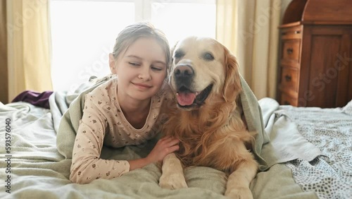 Cute child girl hugging golden retriever dog in bed under blanket in morning and smiling. Beautiful preteen kid petting purebred pet doggy labrador covered with pleid at home photo