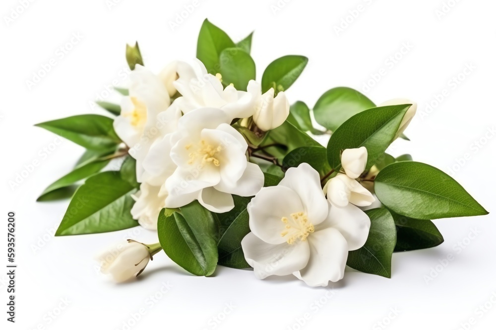 Jasmine flower bouquet with leaves isolated on white. Generative AI