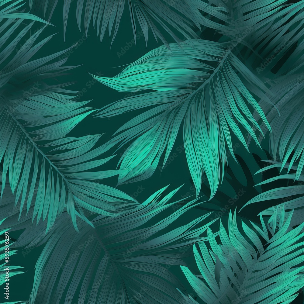 sensible organize checking bewildering turquoise and green tropical takes off with palms . Seamless pattern, AI Generated