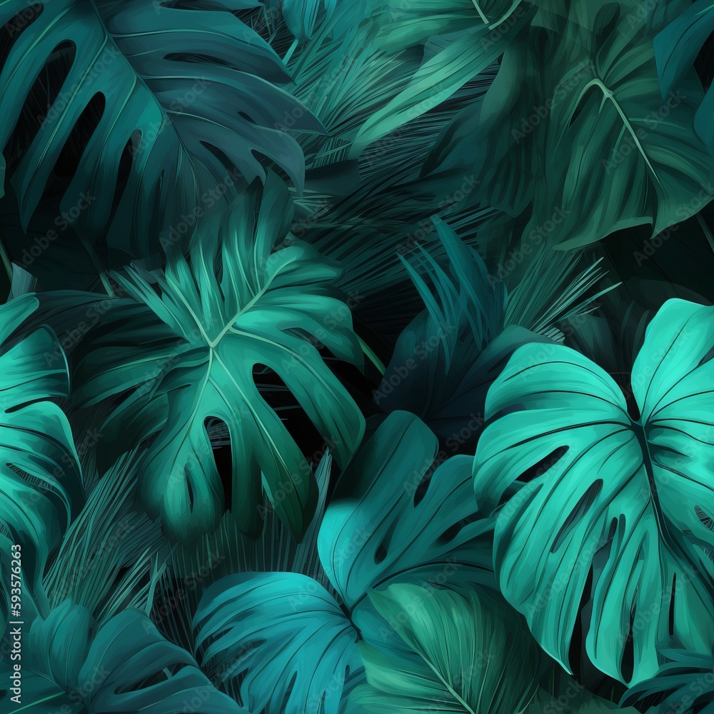 sensible organize checking disorienting turquoise and green tropical takes off with palms . Seamless pattern, AI Generated