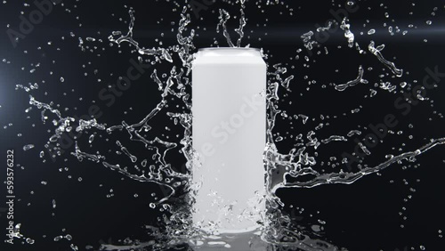 Closeup Slow motion Water splash from back Can Product object isolate on black background. 3D animation.