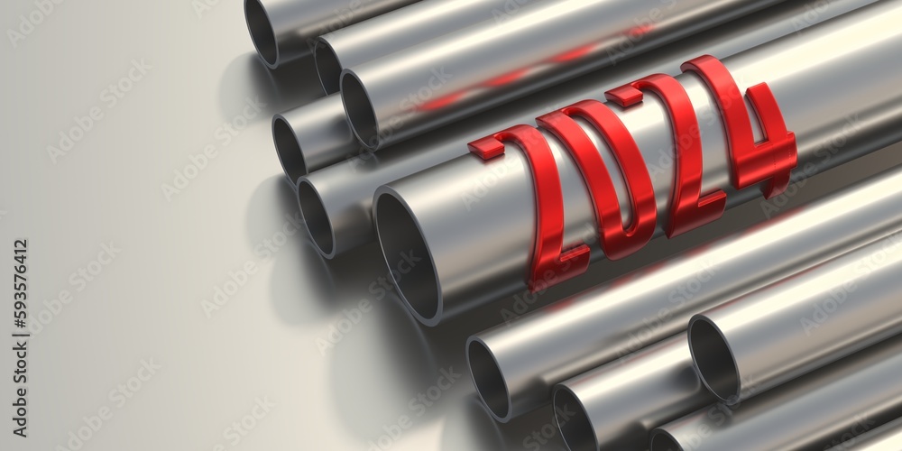 2024 New Year, red number at industrial steel metal pipe tube on grey background, space. 3d render 2024 New Year, red number at industrial steel metal pipe tube on grey background, space. 3d render