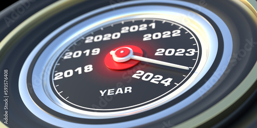 New year 2024 countdown. Auto car gauge speedometer, needle indicator approaching 2024. 3d render