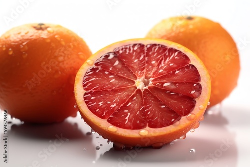 Red oranges with water drops on white background. Generative AI photo