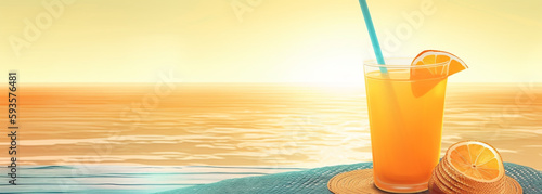 glass of orange juice sitting on table top, beach sunset background, website banner. Generative Ai