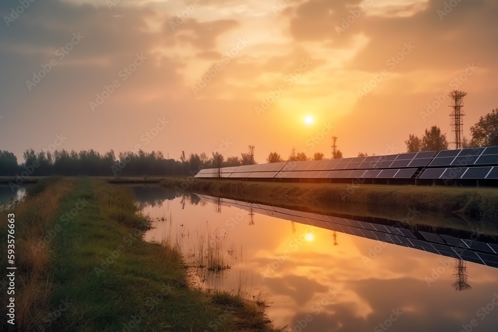 Solar panel power plant landscape at sunrise for sustainable energy. Generative AI