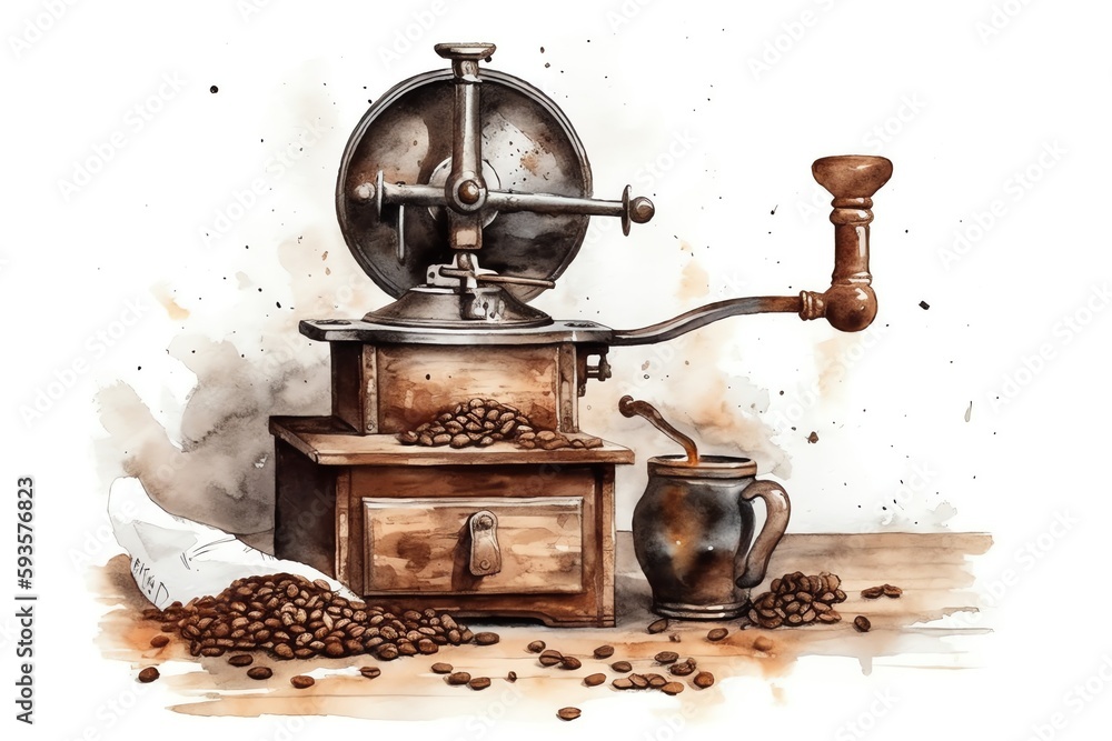 Vintage coffee grinder and beans watercolor illustration. Generative AI