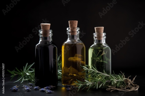 Three bottles of cosmetics with essential oil and herbs on dark background. Generative AI