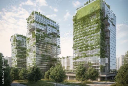 Urban sustainability. Insulation and nearby forest reduce heat and emissions in glass buildings. Generative AI