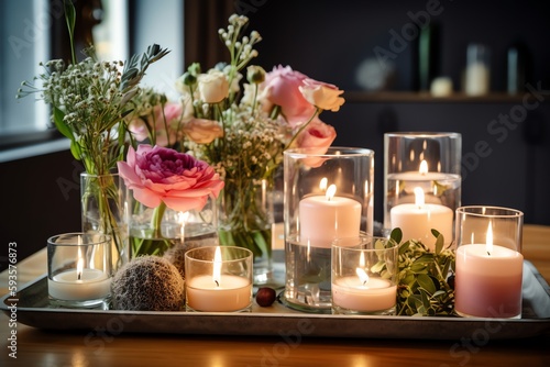 Table with candle and vases of flowers on glass top. Generative AI