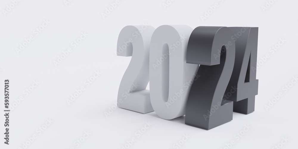 2024 Happy New Year, grey and black number digit isolated on white background. Copy space. 3d render 2024 Happy New Year, grey and black number digit isolated on white background. Copy space. 3d render