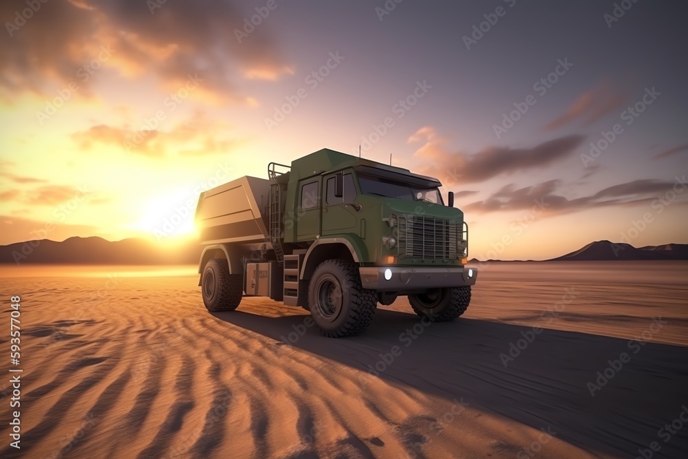 3D render of green energy mining truck on sandy landscape at sunset. Generative AI 3D render of green energy mining truck on sandy landscape at sunset. Generative AI