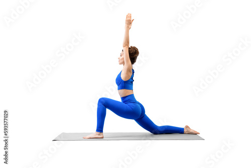 Attractive young woman practice deep static lunge exercise with raised hands, isolated on white.
