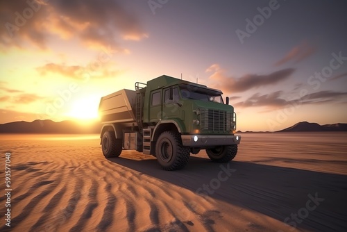 3D render of green energy mining truck on sandy landscape at sunset. Generative AI