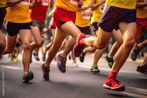 Close-up of a Group of Men Runners Legs in a Road Race Wearing Yellow or Red, Generative AI