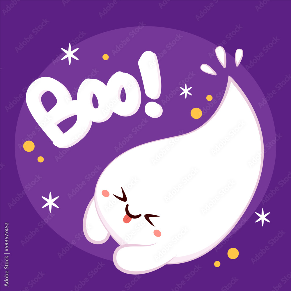 Happy halloween party greeting card with cute ghost. Holidays cartoon character. Trick or treat. Halloween funny cartoon. Boo! banner.