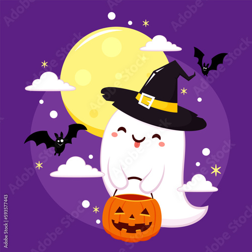 Happy halloween party greeting card with cute ghost. Holidays cartoon character. Trick or treat. Halloween funny cartoon.