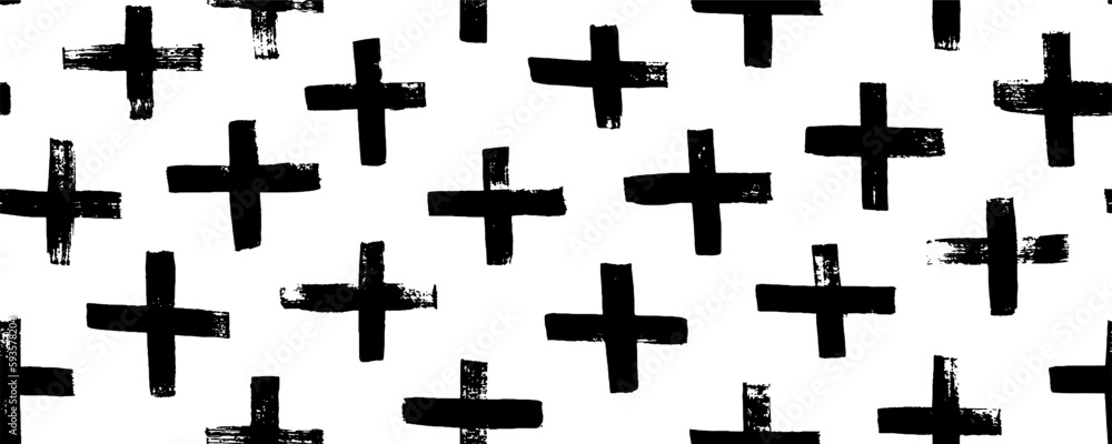 Hand drawn crosses seamless pattern. Vector trendy graphic design. Abstract geometric background with brush strokes. Cross and plus symbols. Hipster monochrome texture. Simple pattern. 
