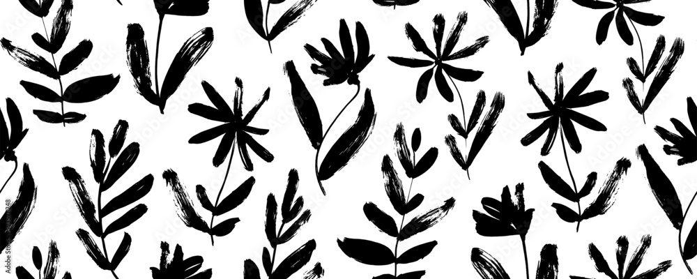 Fototapeta premium Floral seamless pattern with wild plants. Brush drawn simple abstract flowers. Botanical ornament with dry brush texture. Black and white artistic botanical wallpaper. Chamomile, daisy, chrysanthemums