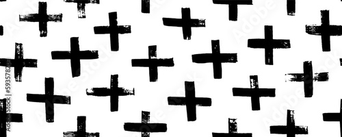Hand drawn crosses seamless pattern. Vector trendy graphic design. Abstract geometric background with brush strokes. Cross and plus symbols. Hipster monochrome texture. Simple pattern. 