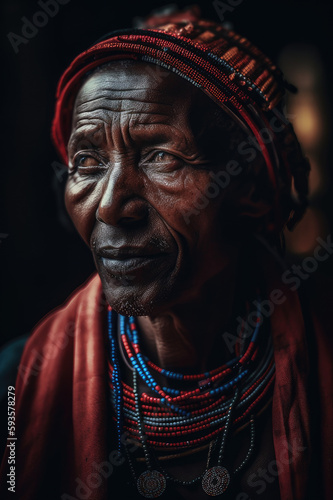 A dramatic portrait of a Maasai man with beaded accessories and traditional clothing