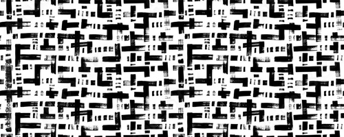 Grunge weave seamless pattern. Monochrome vector wicker texture. Distressed texture of weaving fabric with bold horizontal lines. Abstract geometric ornament. Hand drawn interlacing bands.