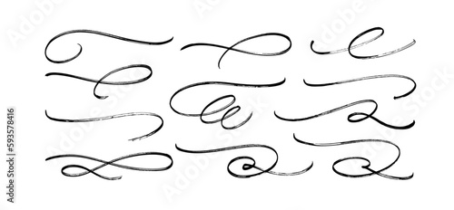 Hand drawn ornament divider collection. Vector calligraphy swirls. Brush drawn flourishes, swashes and decorative wavy lines. Black filigree underline strokes. Typography tails in vintage style. 